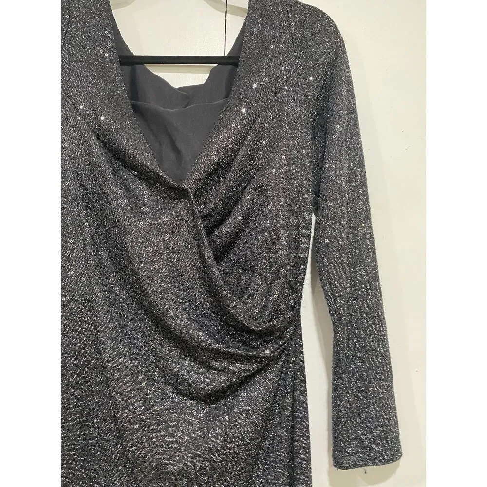 Carmen Marc Valvo Dress Sz 8 Black Silver Beaded Neck Sequin Cocktail Midi - Picture 8 of 12